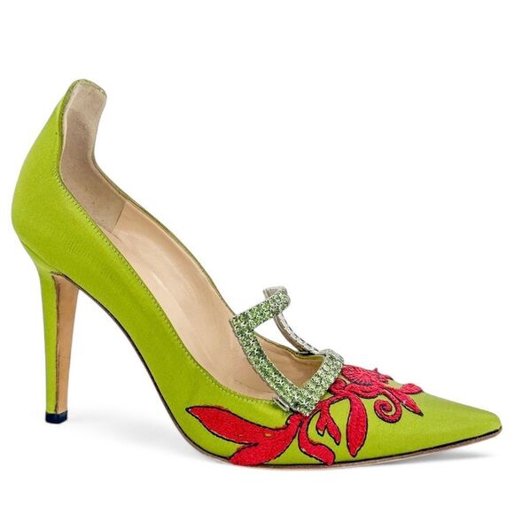 MANOLO BLAHNIK Avocado Satin Crystal Buckle Pointed Toe Pumps Size EU37.5 - Picture 3 of 13